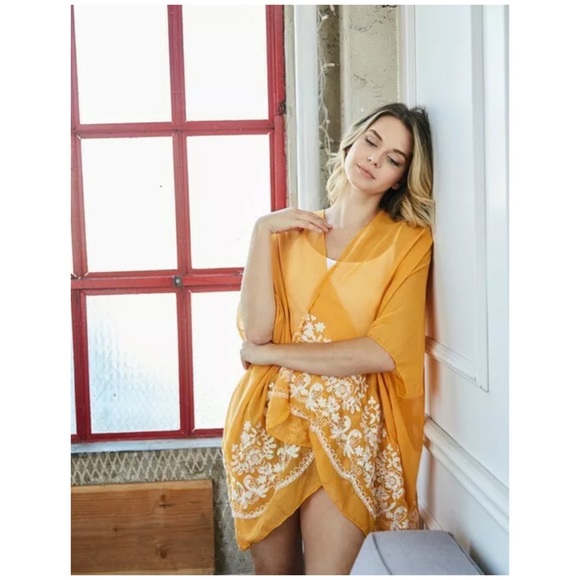 SOLD OUT Mustard Floral Embroidered Sheer Kimono Wrap Top - Picture 3 of 5